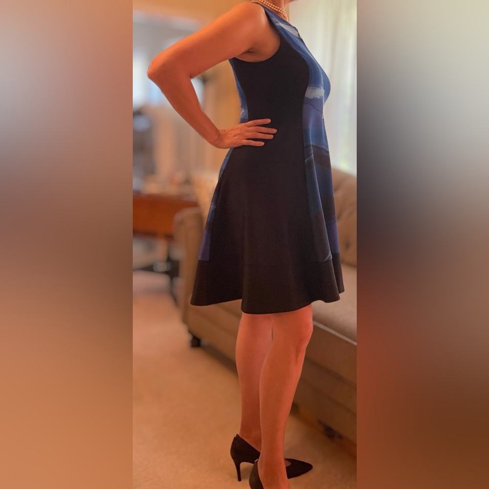 NWT DKNY Blue and Black Graphic Illusion Dress with Pockets